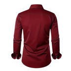 Chemise homme rouge bordeaux, manches longues, col classique, vue de dos. Mode élégante, vêtement formel, style moderne.