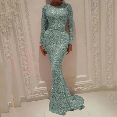 Robe Élégante De Sirène À Paillettes À Manches Longues Pour Femmes | Maxi