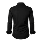 Chemise noire élégante pour homme, manches longues, col classique, vue de dos. Mode masculine, vêtement formel, style moderne.