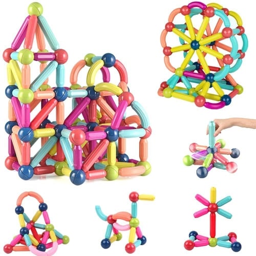 Jeux de construction en ballons colorés, formes créatives et amusantes, incluant une grande roue, un château et des animaux, jouet éducatif pour enfants.