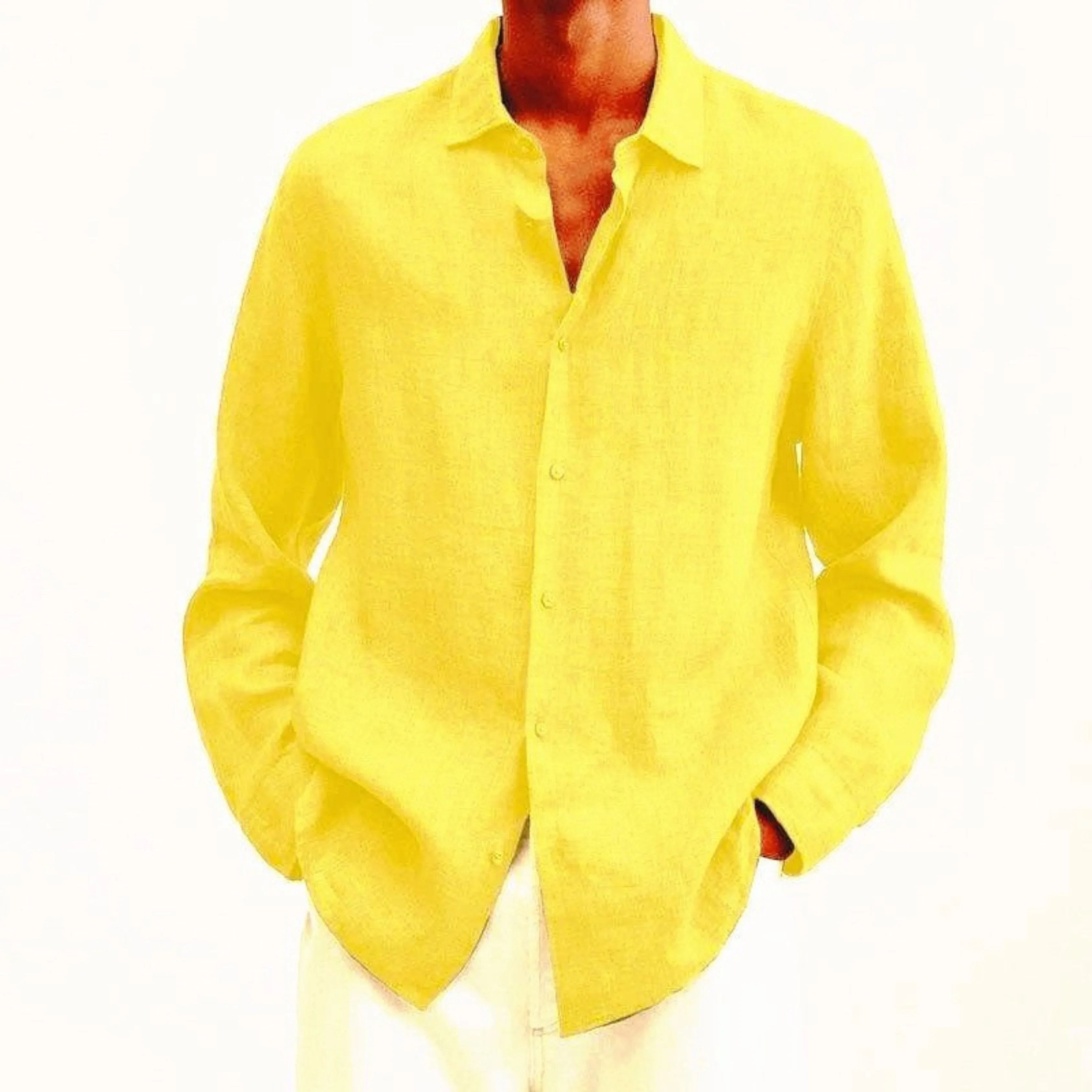 Chemise en lin jaune vif pour homme, manches longues, col classique, boutons, style décontracté, idéale pour l'été, mode masculine élégante.