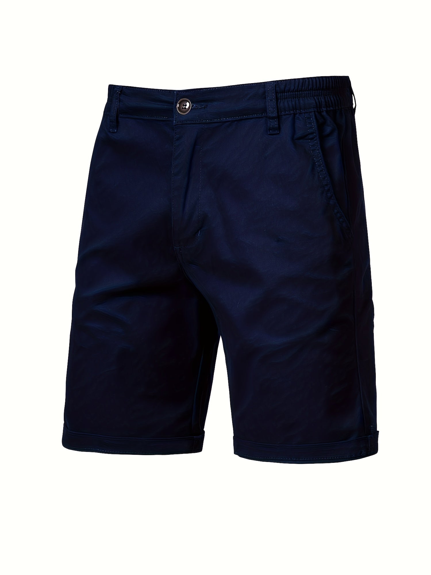 Short bleu marine pour homme, style décontracté, avec poches latérales et bouton, idéal pour l'été et les activités en plein air.