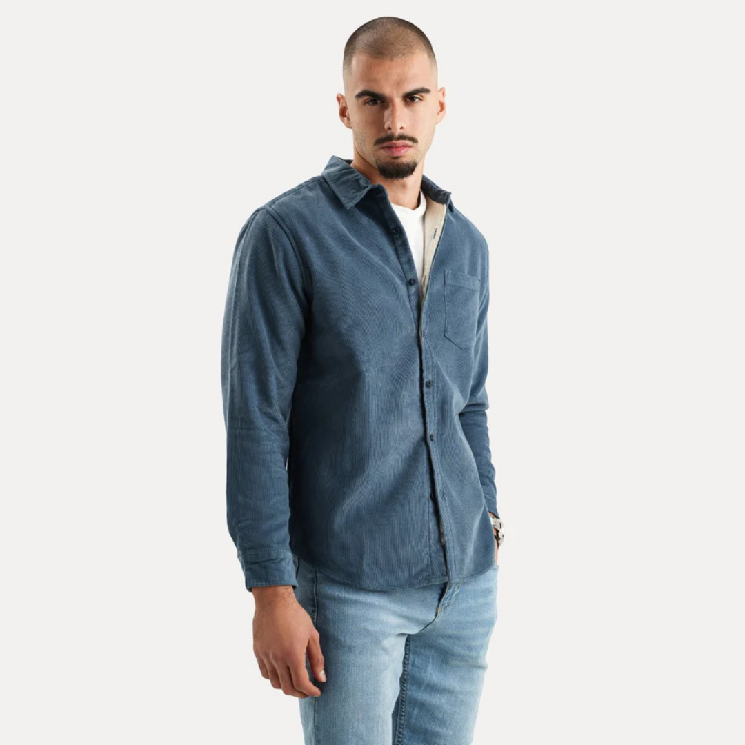 Camisa de manga larga para hombre con cierre de botones cálidos | Cuello en V