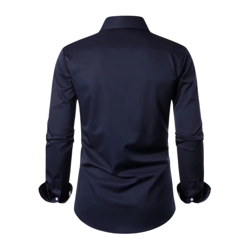Chemise homme élégante noire à manches longues, vue de dos. Tissu lisse, col classique, idéale pour tenues formelles et occasions spéciales.