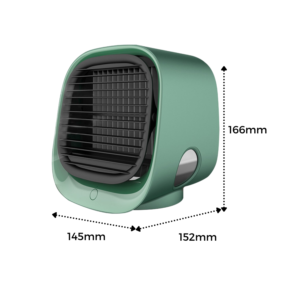 Ventilateur portable vert moderne avec grille noire, design compact et élégant, idéal pour rafraîchir les petits espaces. Accessoire maison tendance.