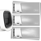 Ventilateur blanc moderne avec trois réglages de vitesse (3m/s, 4m/s, 5m/s), illustrant le flux d'air. Design compact et efficace pour la maison.