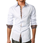 Chemise blanche élégante pour homme avec détails floraux colorés sur le col et les poignets, manches longues, style décontracté chic.