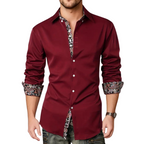 Chemise homme bordeaux élégante, manches longues, détails floraux contrastés, boutons blancs, mode masculine chic, tenue décontractée.