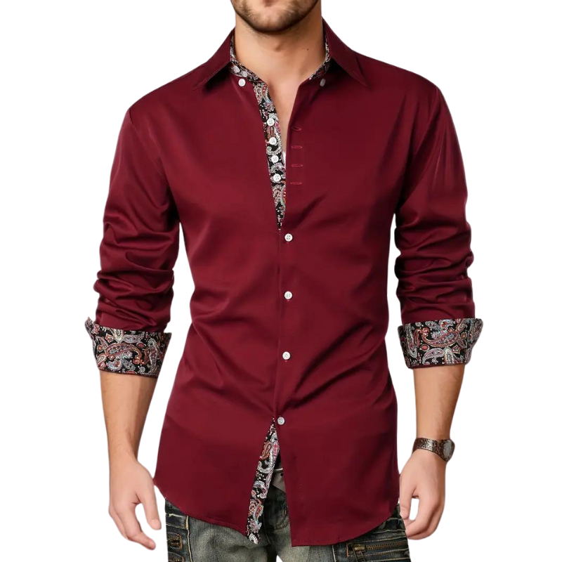 Chemise homme bordeaux élégante, manches longues, détails floraux contrastés, boutons blancs, mode masculine chic, tenue décontractée.