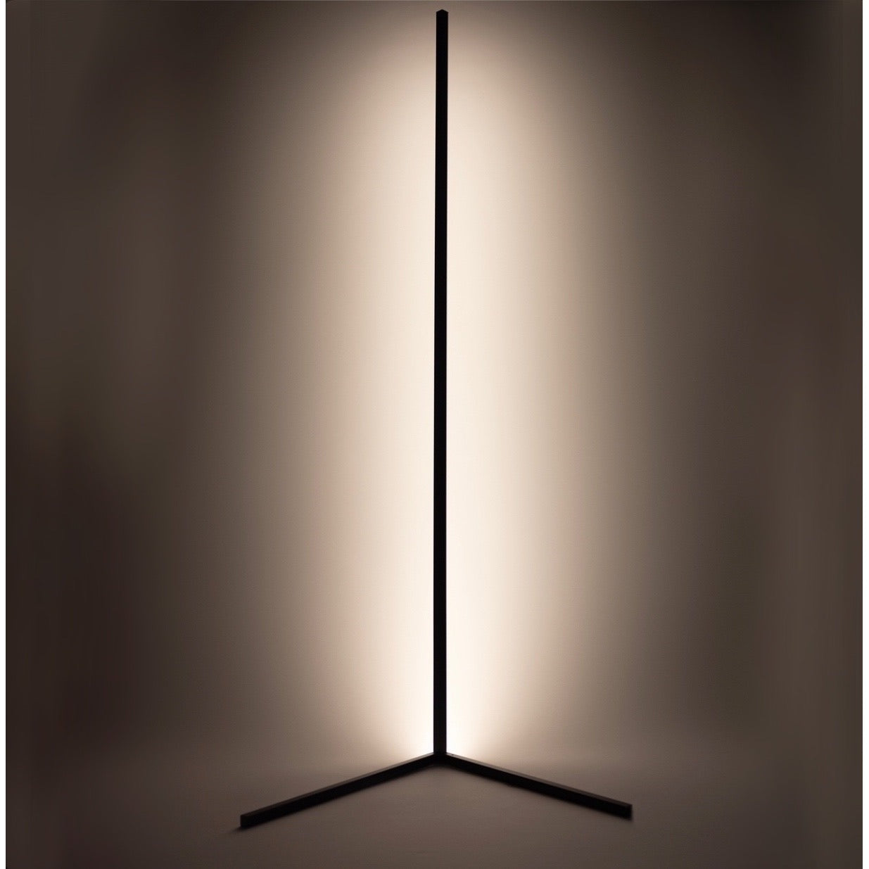 Lampe LED minimaliste sur pied, design moderne, éclairage d'ambiance, structure en métal noir, idéale pour salon contemporain, éclairage indirect.