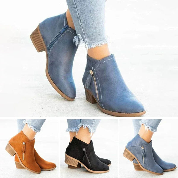 Bottines en daim bleu, marron et noir pour femme, talon bas, fermeture éclair, style décontracté, jeans effilochés, mode automne-hiver.