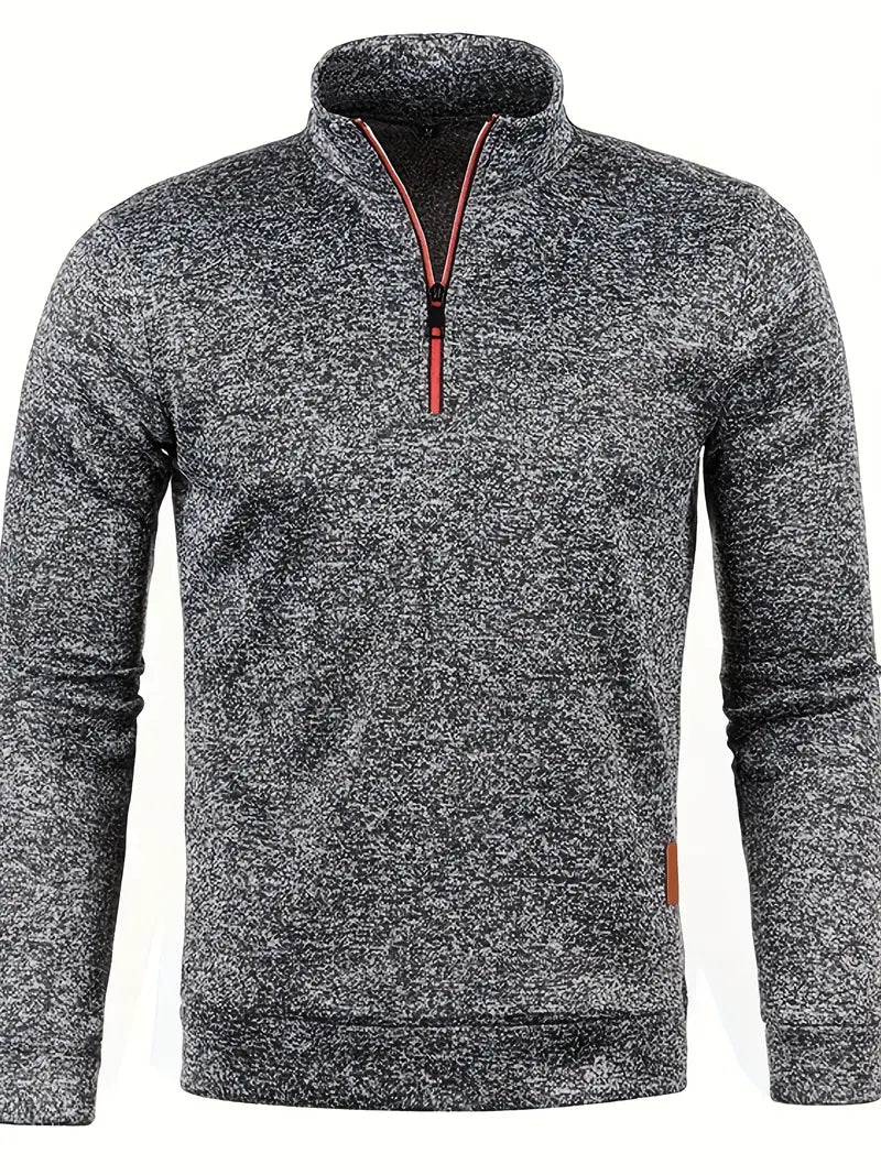 Pull-over gris chiné à col zippé pour homme, manches longues, style décontracté, idéal pour l'automne et l'hiver, tissu doux et confortable.