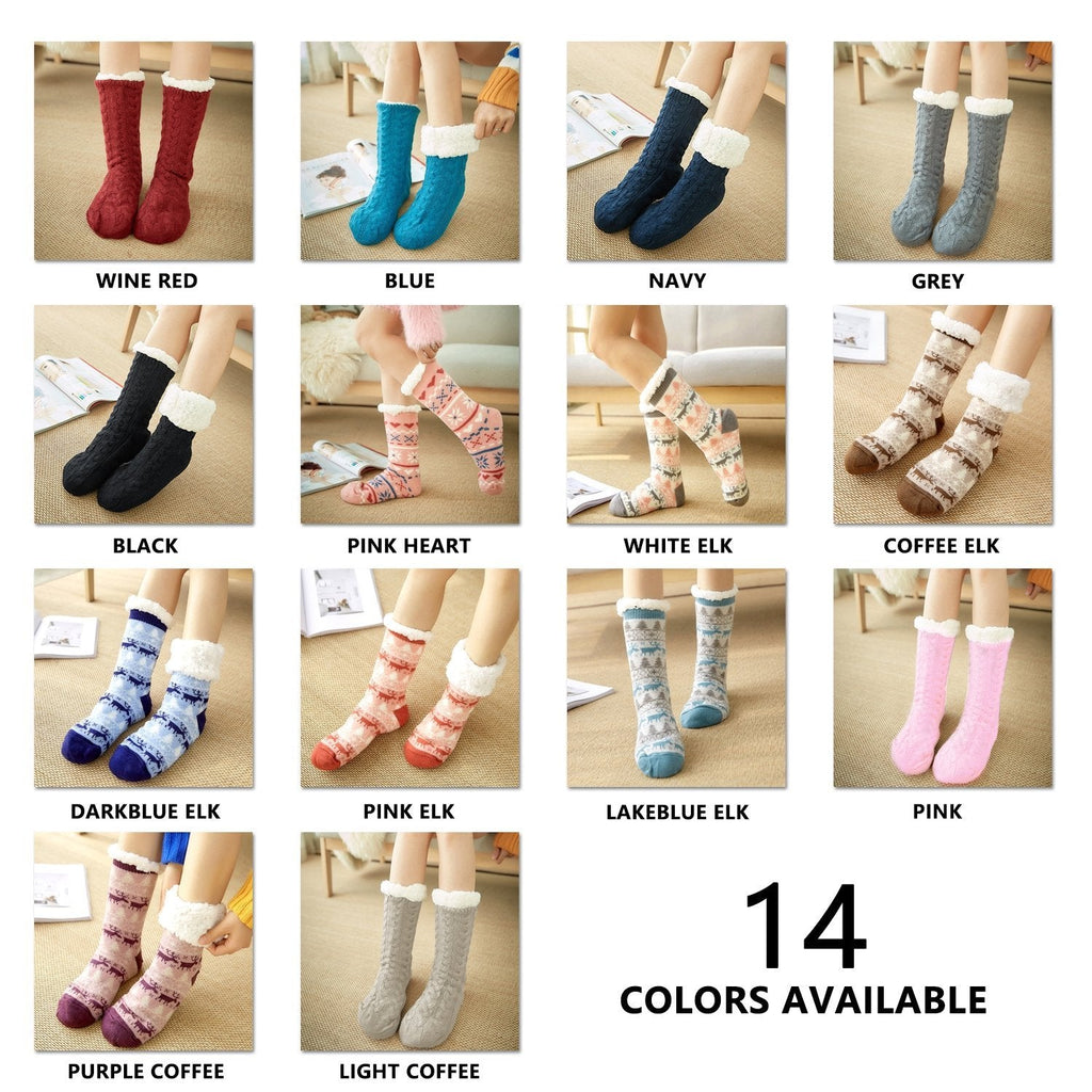 Chaussettes en peluche pour femmes, 14 couleurs disponibles, motifs variés, confortables et chaudes, parfaites pour l'hiver et la maison.