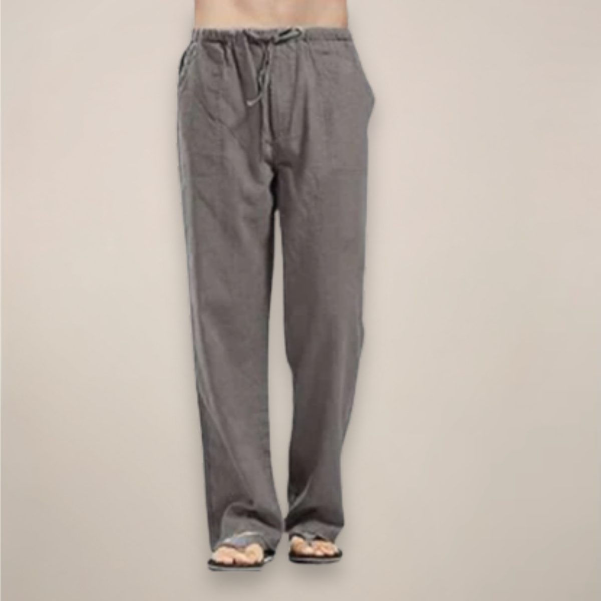Pantalon en lin gris pour homme, coupe décontractée, avec cordon de serrage à la taille, idéal pour l'été et les tenues décontractées.