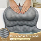 Oreiller de bain gris avec technologie 4D Air-Mesh, matériau respirant, extra doux, idéal pour baignoire, confort et relaxation optimale.