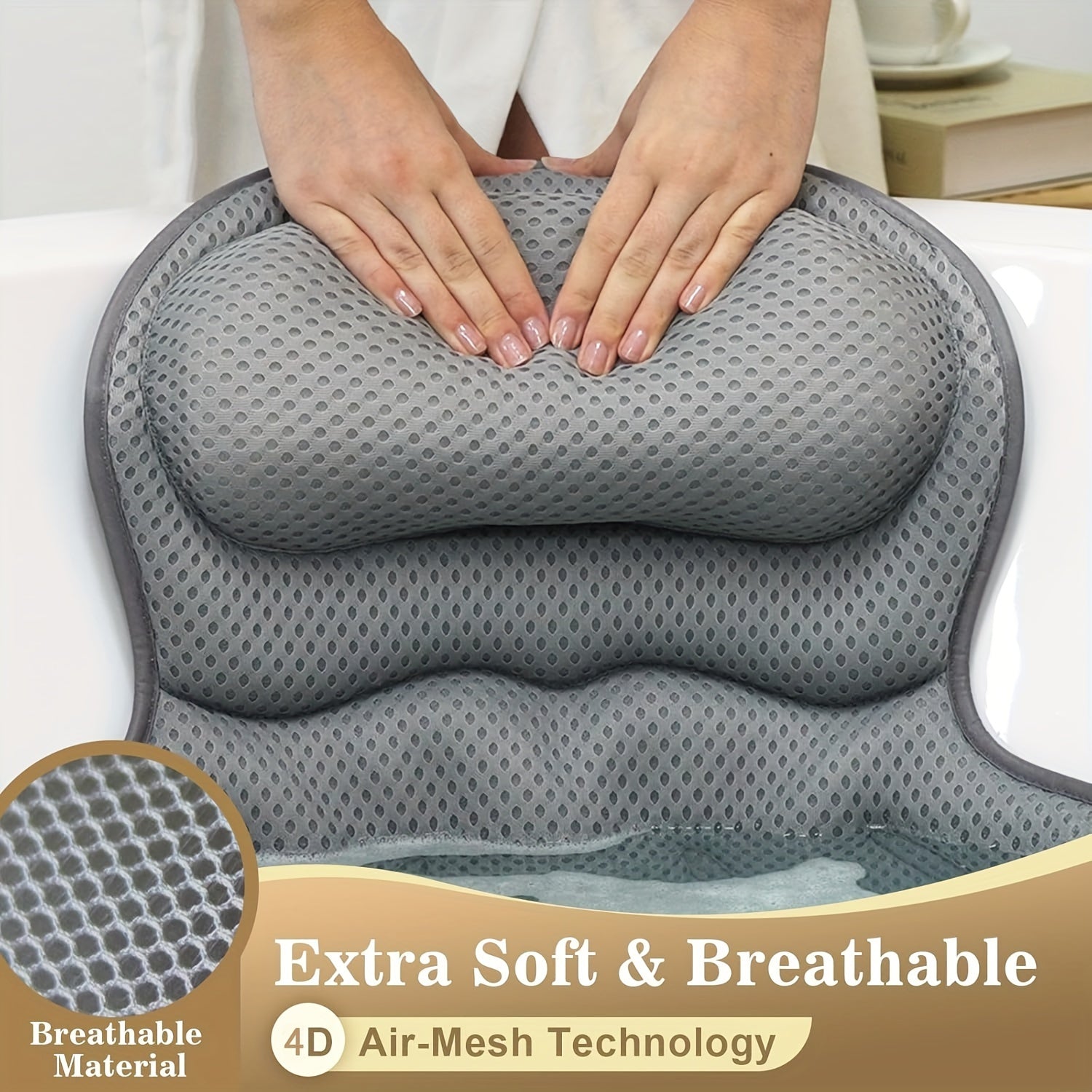 Oreiller de bain gris avec technologie 4D Air-Mesh, matériau respirant, extra doux, idéal pour baignoire, confort et relaxation optimale.