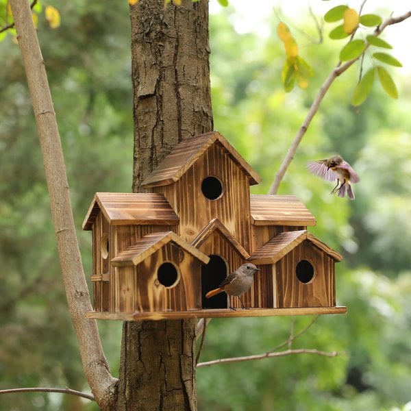 Nichoir en bois rustique fixé à un arbre, entouré de verdure, avec deux oiseaux en vol. Accessoire jardin, habitat oiseaux, nature.