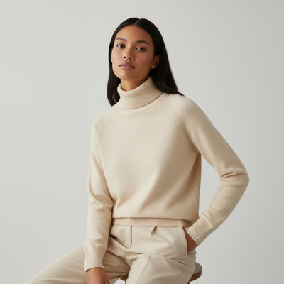 Femme portant un pull col roulé beige, assise, fond neutre. Mode automne-hiver, style élégant et minimaliste, vêtements confortables.