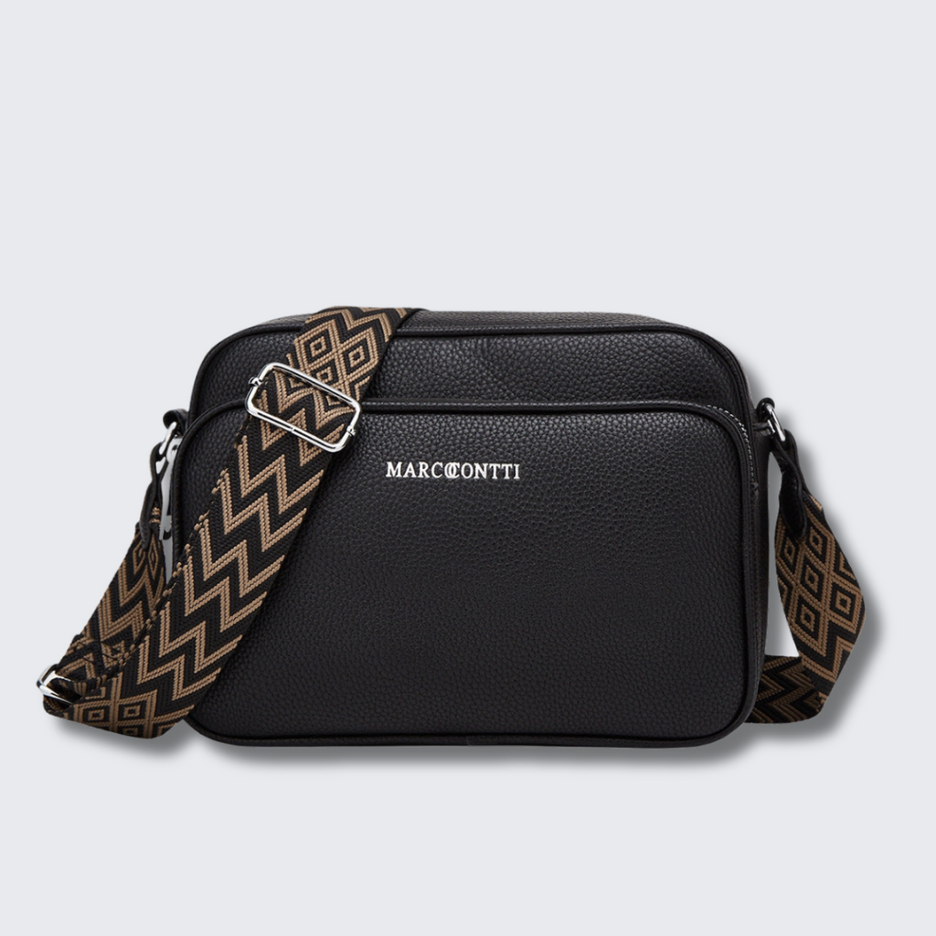 Sac bandoulière noir en cuir texturé avec sangle à motif géométrique marron et boucle argentée, logo "MARC@ONTTI" sur le devant.
