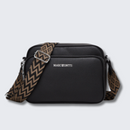 Sac bandoulière noir en cuir texturé avec sangle à motif géométrique marron et boucle argentée, logo "MARC@ONTTI" sur le devant.