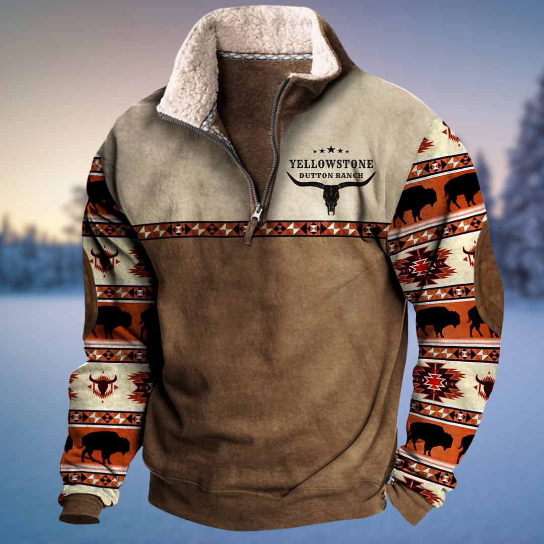 Pull polaire marron à motifs amérindiens, avec logo Yellowstone Dutton Ranch, bisons et motifs géométriques, idéal pour l'hiver et les fans de western.