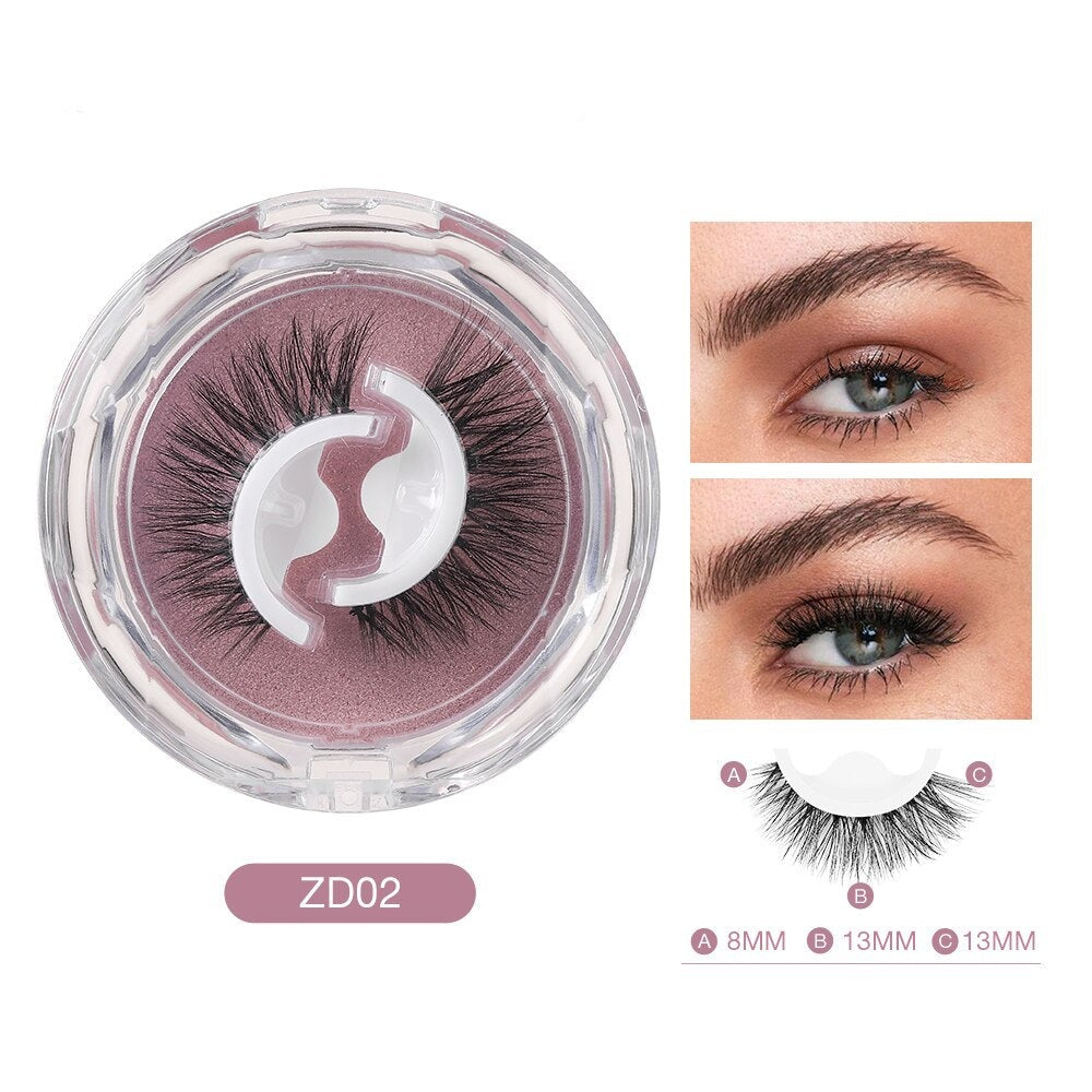 Faux cils ZD02 en boîte ronde transparente, longueur 8mm et 13mm, avec photos de yeux maquillés, idéal pour un regard intense et glamour.