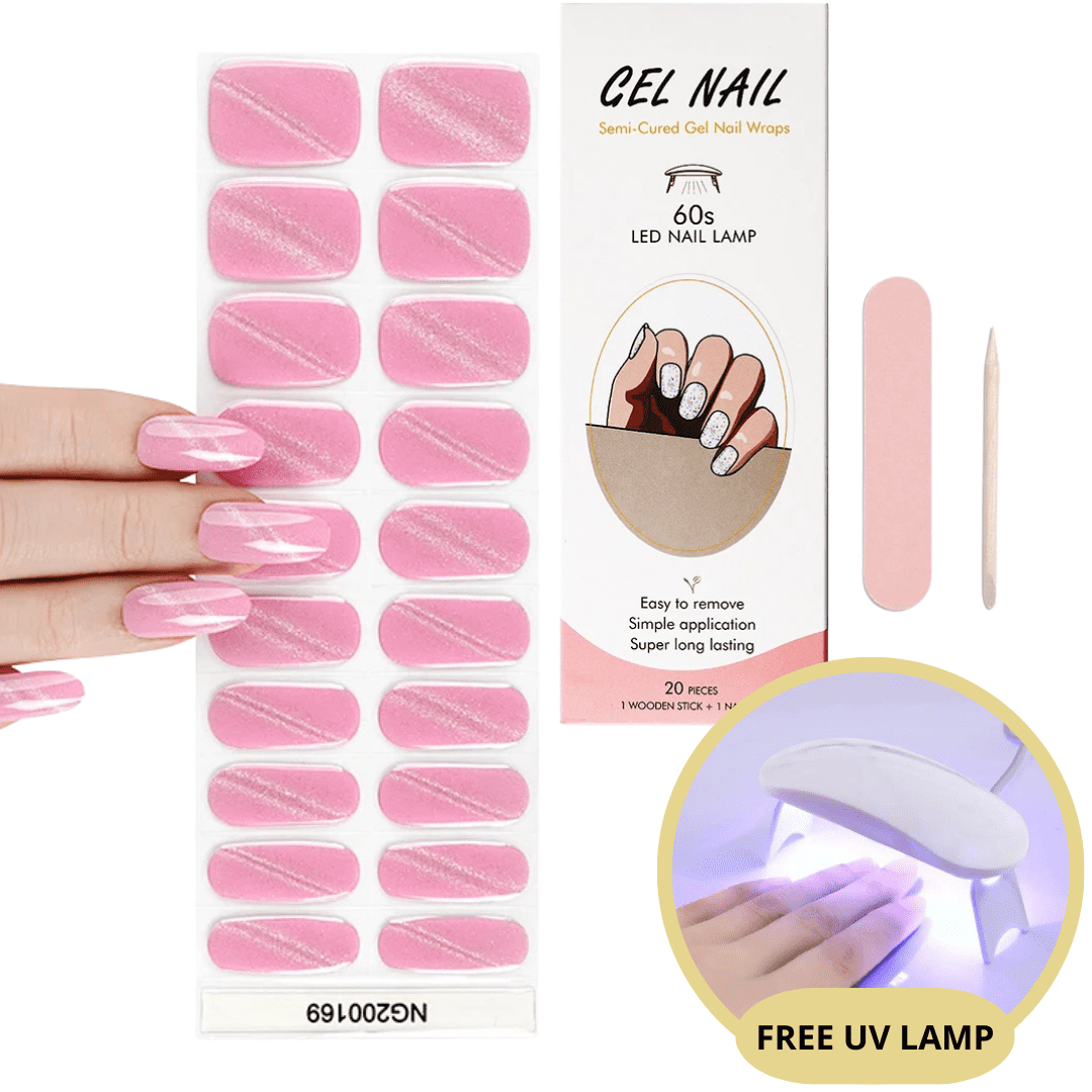 Autocollants ongles gel rose, kit manucure semi-permanent avec lampe UV gratuite, 20 pièces, application facile, longue tenue, nail art tendance.
