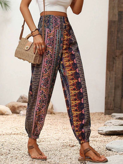 Pantalones harén para mujer - Estampado de elefante bohemio - Corte holgado - Cintura y puños elásticos