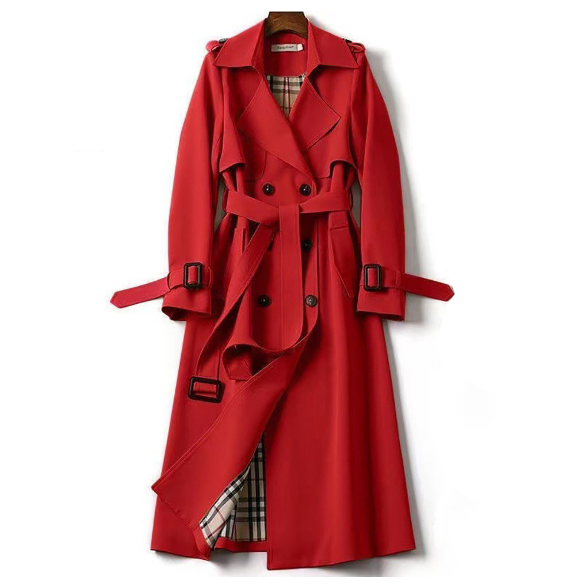Manteau trench rouge élégant avec ceinture, doublure à carreaux, boutons noirs, style classique automne-hiver, mode femme chic et tendance.