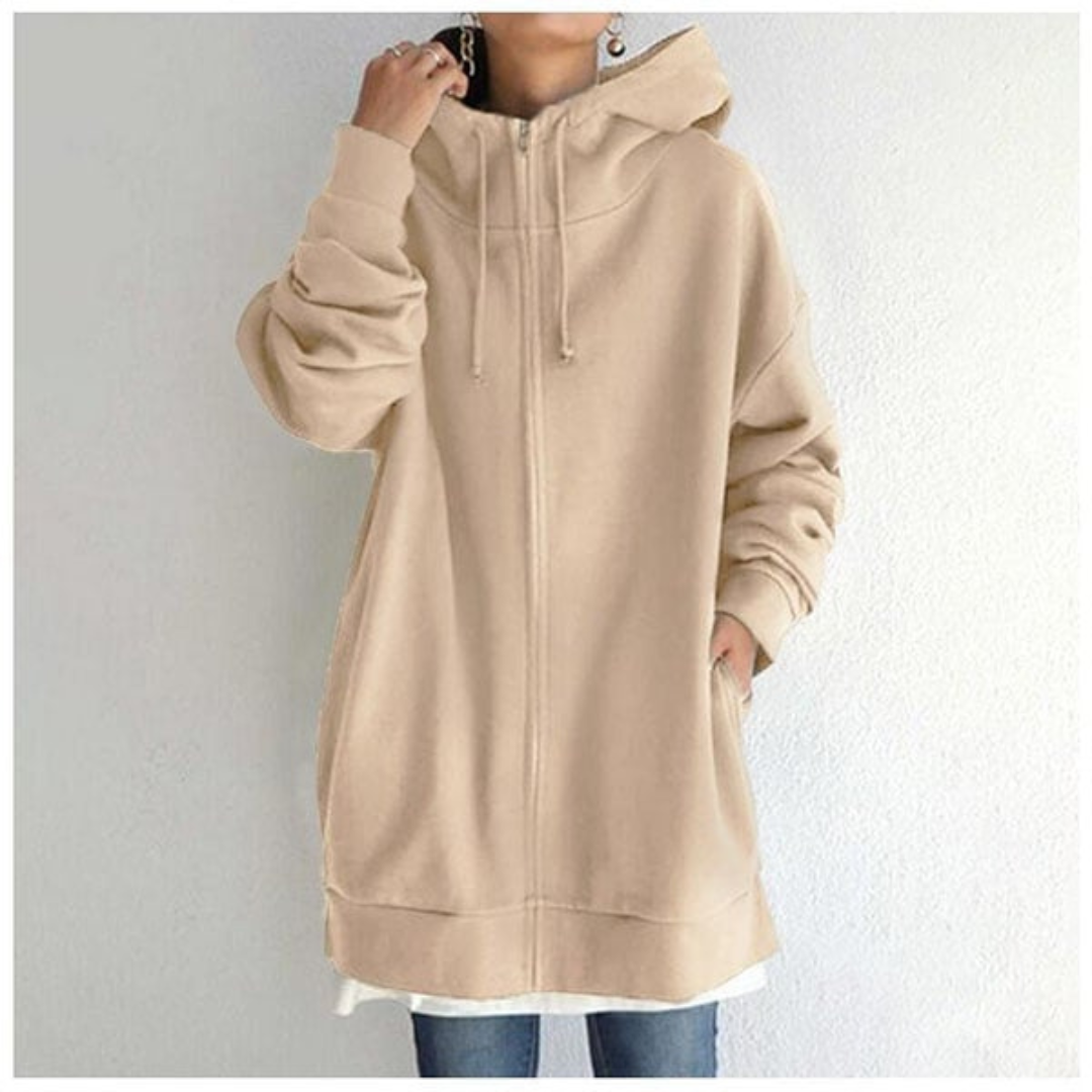 Sweat à capuche beige oversize pour femme, manches longues, fermeture éclair, style décontracté, mode automne-hiver, confortable et tendance.
