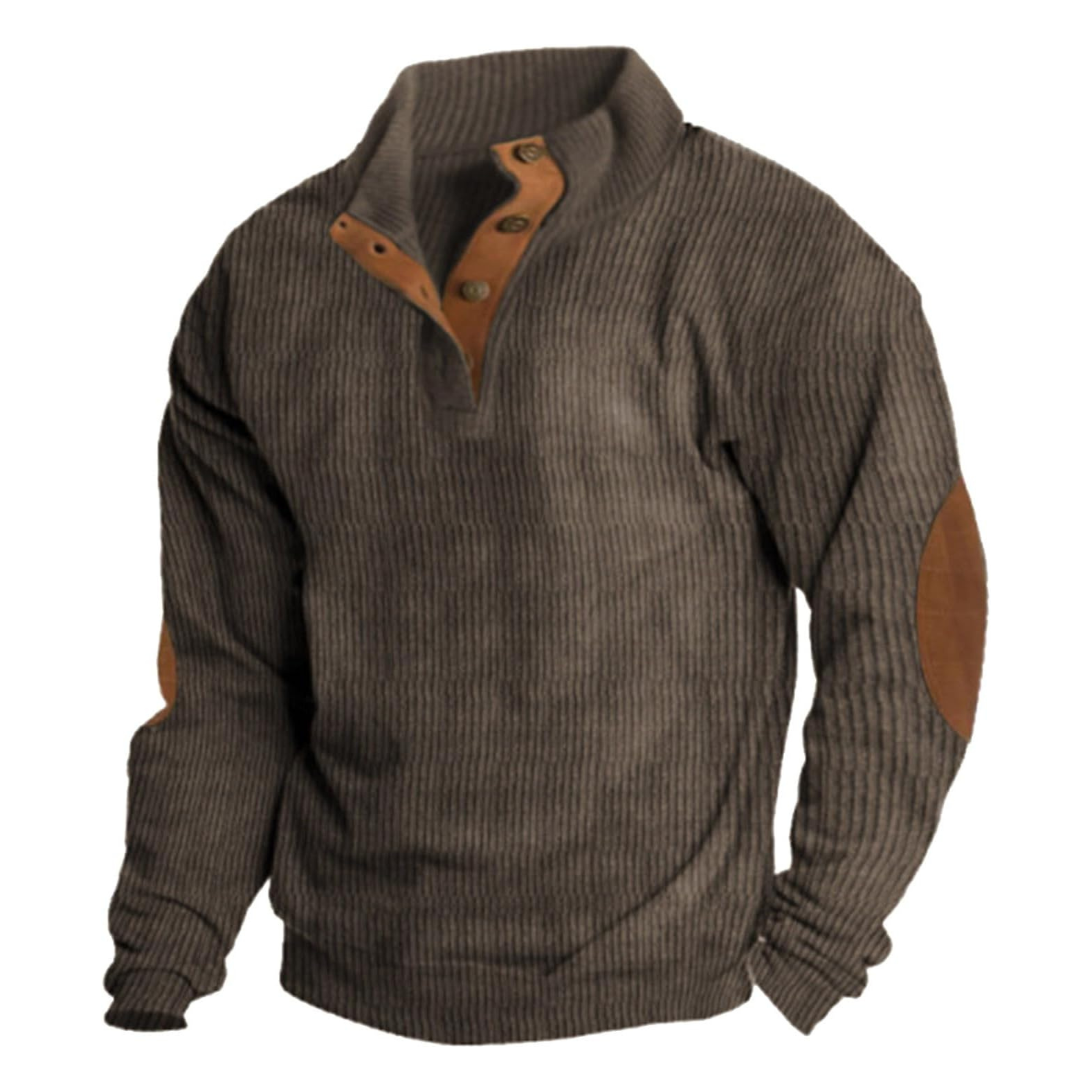 Pull en laine marron avec col boutonné et coudières en cuir. Vêtement chaud et élégant, idéal pour l'hiver. Mode homme, style décontracté.