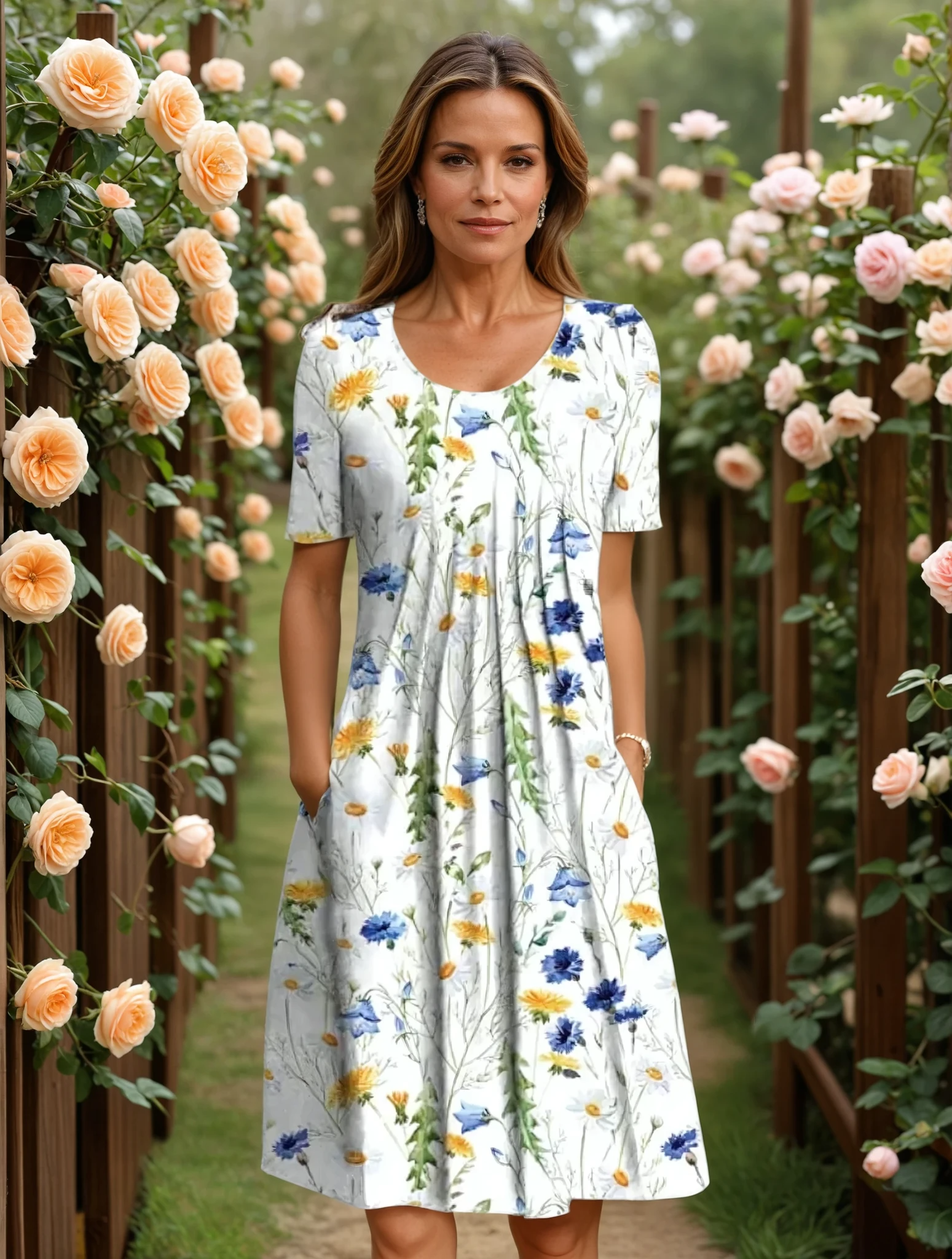 Femme portant une robe fleurie blanche et bleue, debout dans une roseraie en fleurs. Mode féminine, robe d'été, jardin fleuri.