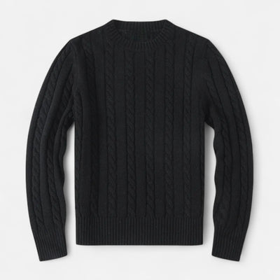 Pull noir en laine torsadée, manches longues, col rond, style classique. Mode hiver, vêtement chaud, élégant et intemporel pour homme.