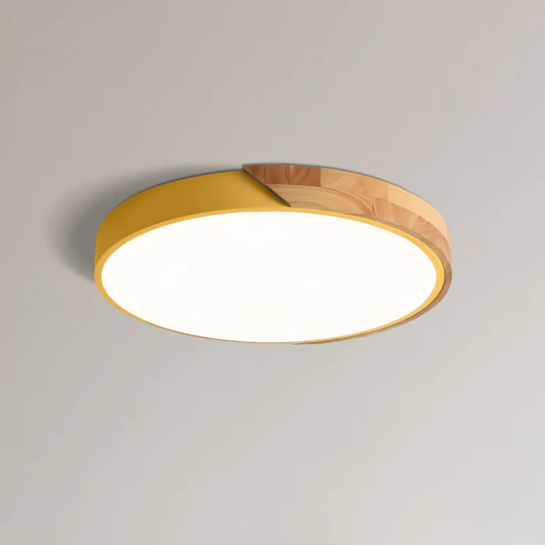 Plafonnier LED rond moderne en bois et métal jaune, design minimaliste, éclairage intérieur, décoration plafond, luminaire contemporain.