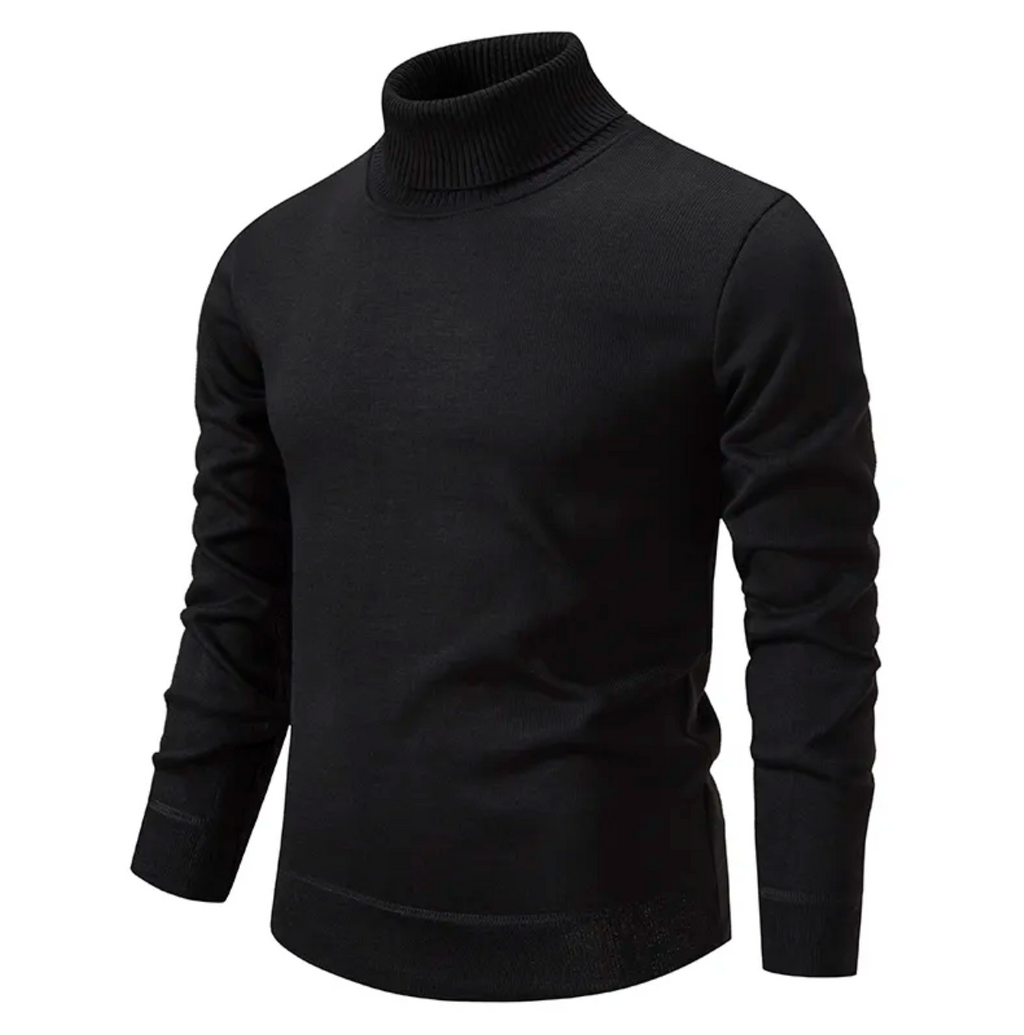 Pull col roulé noir pour homme, manches longues, design élégant et moderne, idéal pour l'hiver. Mode masculine, vêtement chaud et confortable.