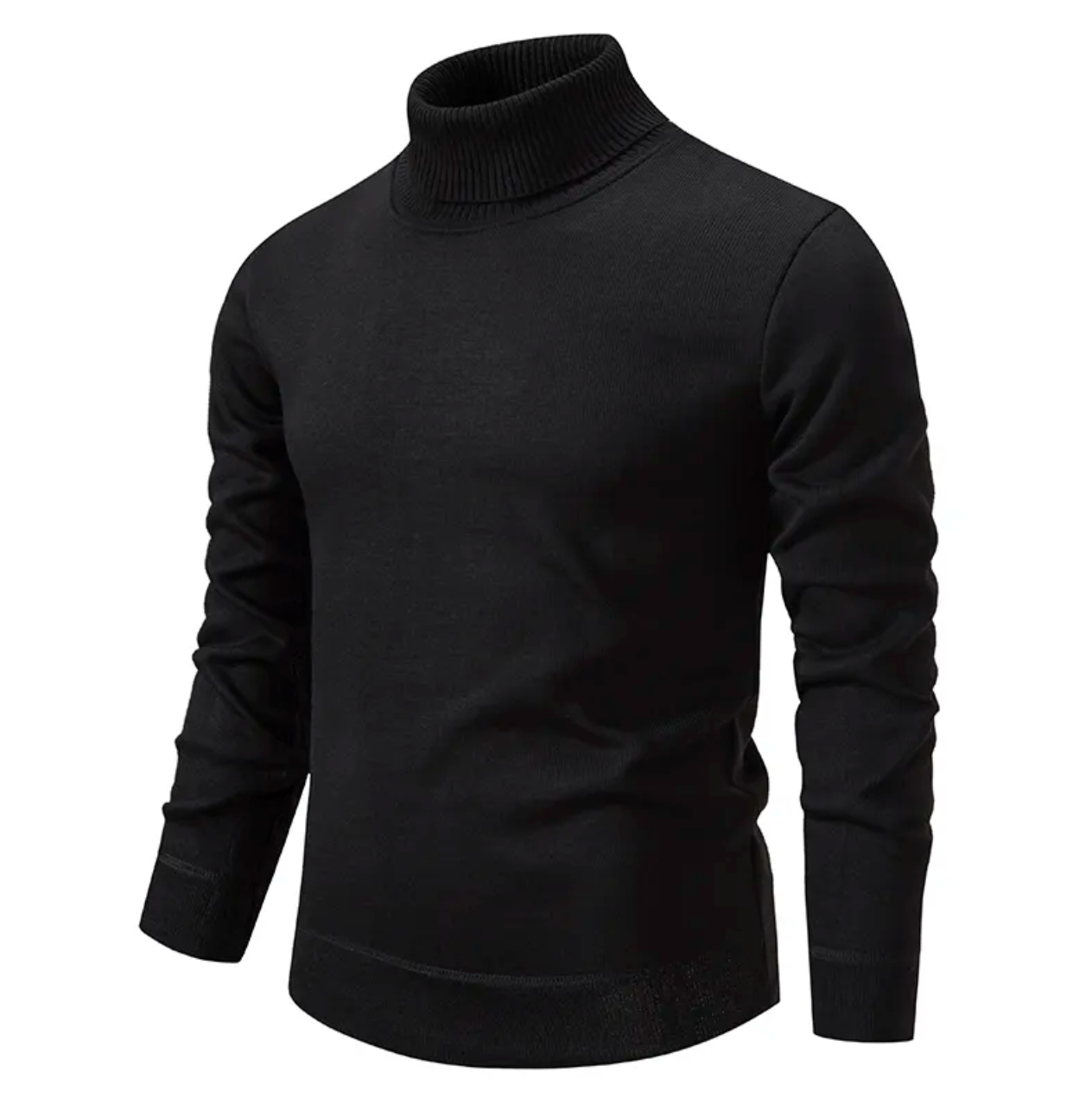 Pull col roulé noir pour homme, manches longues, design élégant et moderne, idéal pour l'hiver. Mode masculine, vêtement chaud et confortable.