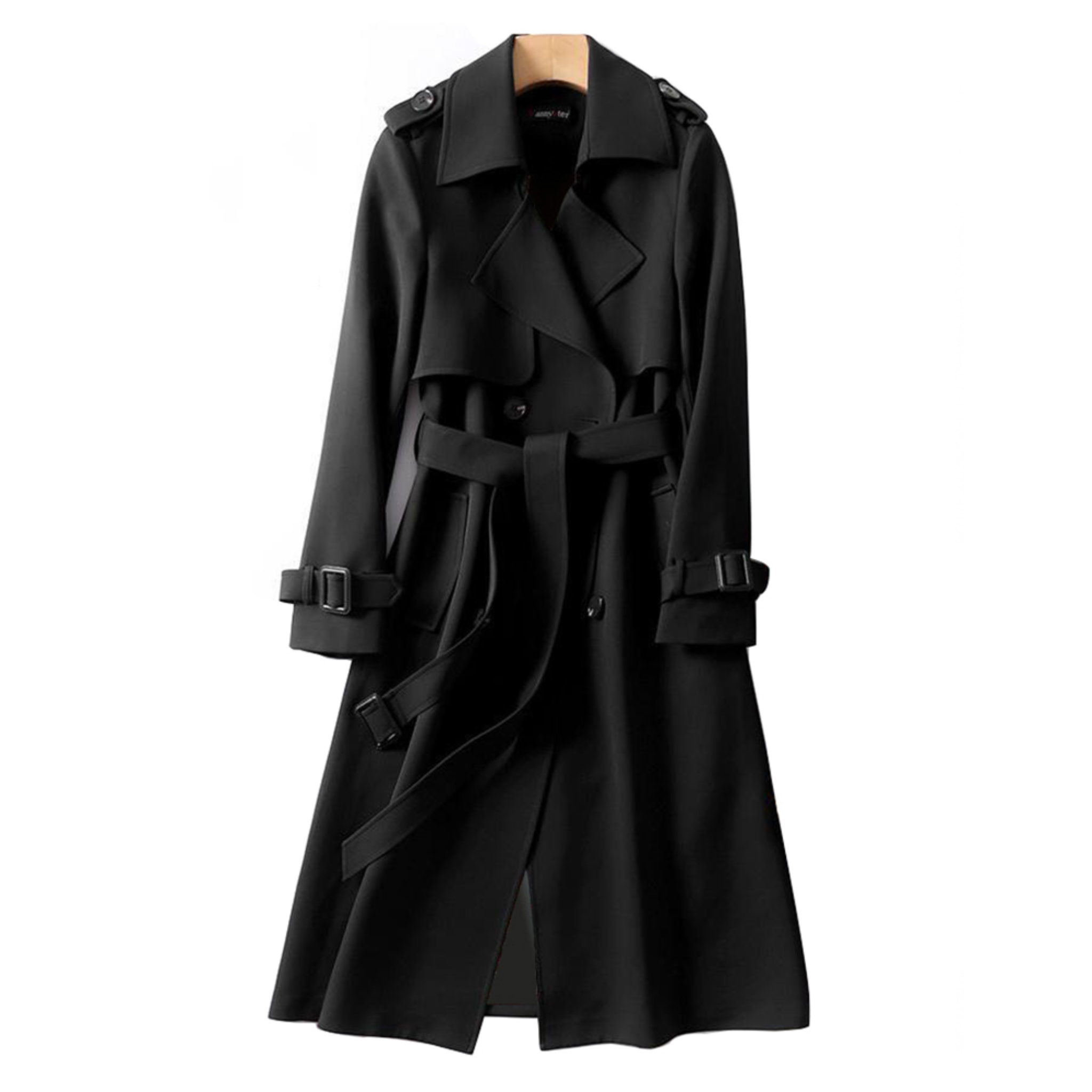Manteau trench noir élégant avec ceinture, boutons et épaulettes, idéal pour mode automne-hiver, style classique et intemporel.