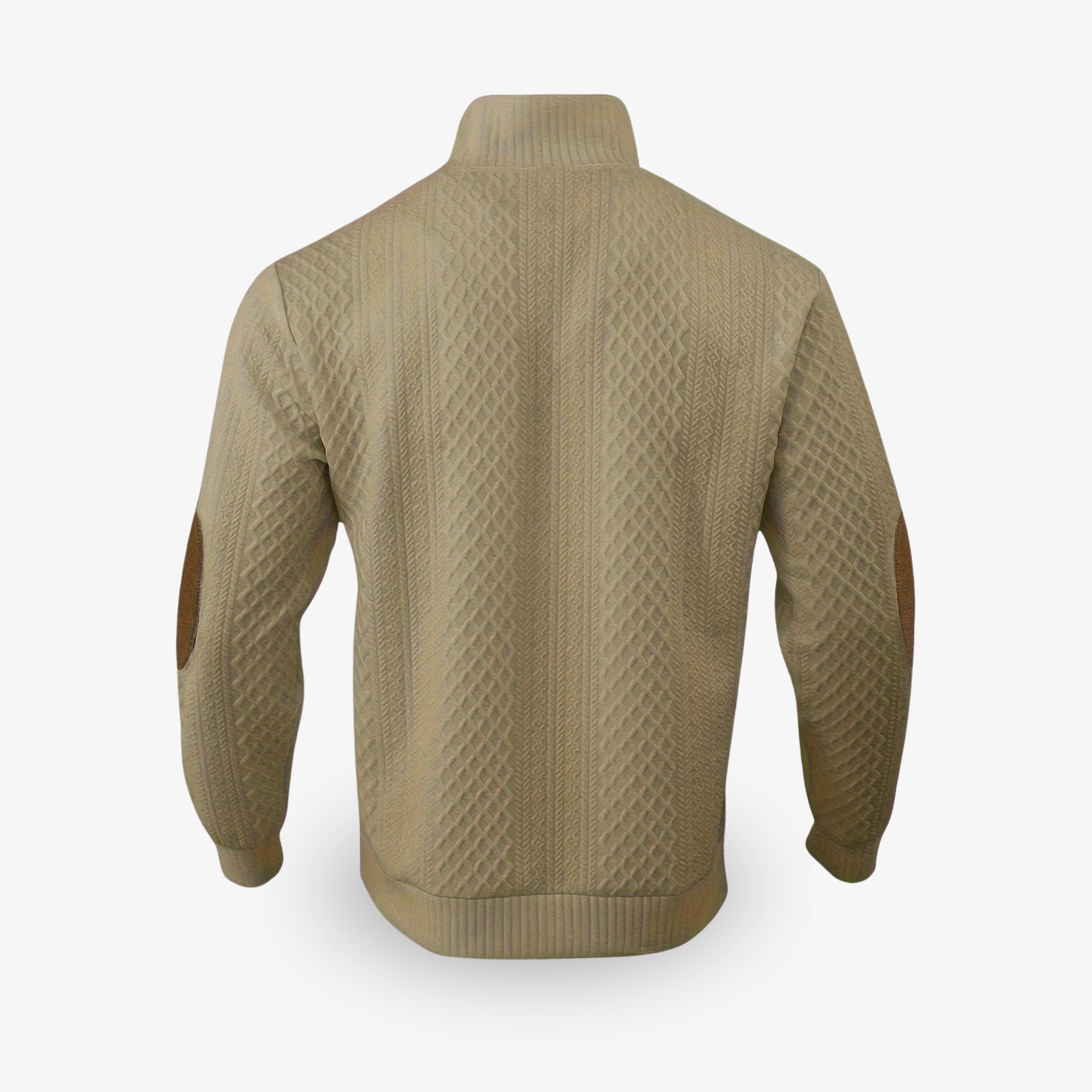 Veste en tricot beige pour homme, motif à losanges, coudières marron, col montant. Mode masculine élégante, style automne-hiver.