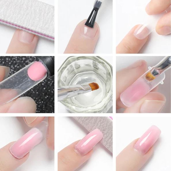 Image montrant étapes de manucure gel rose : limage, application base, vernis rose, durcissement sous lampe UV, finition brillante.