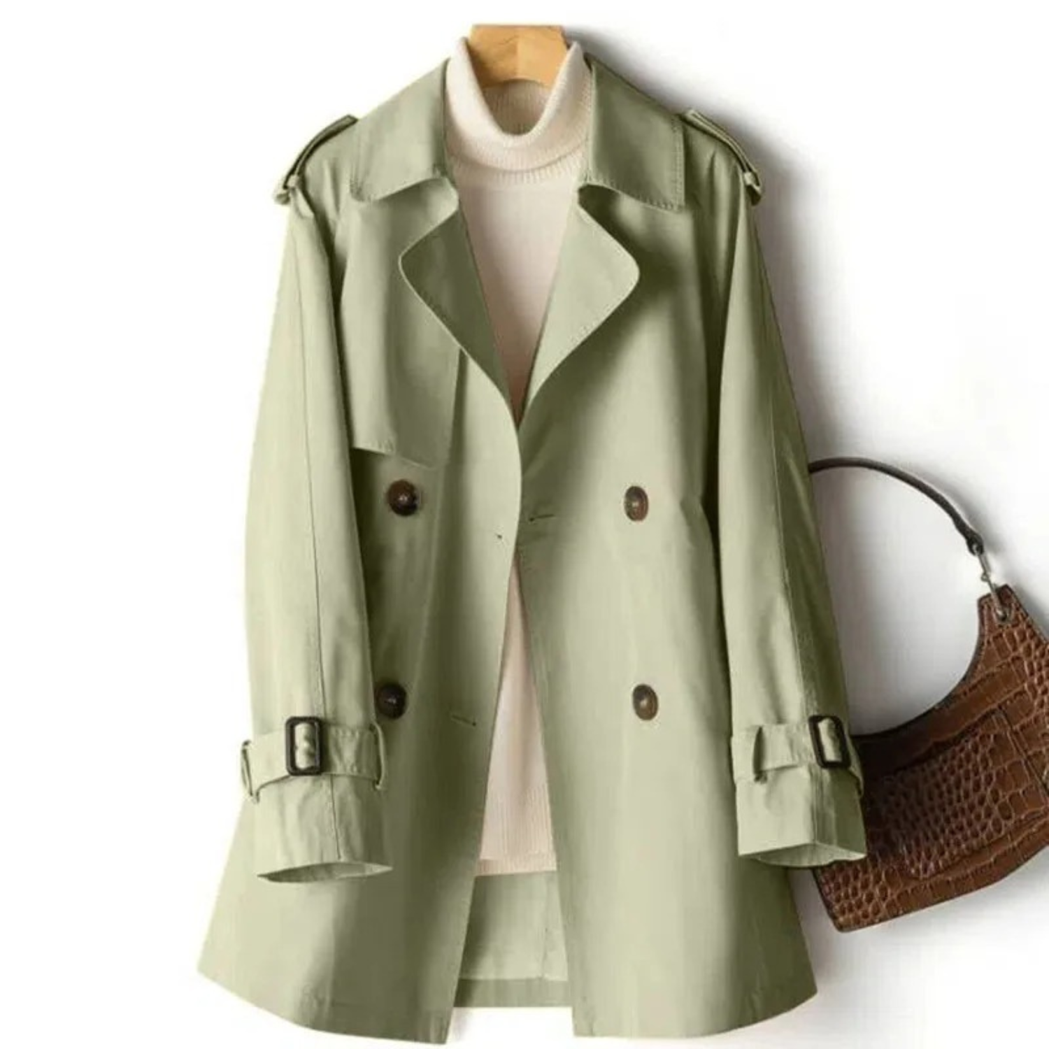 Trench-coat vert kaki élégant pour femme, avec col large et boutons marron, sur un pull blanc, accompagné d'un sac à main marron texturé.