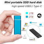 Mini disque dur SSD portable bleu, USB 3.1 Type-C, 1TB/2TB, compatible Windows, Mac OS, Linux. Haute vitesse, stockage externe compact.