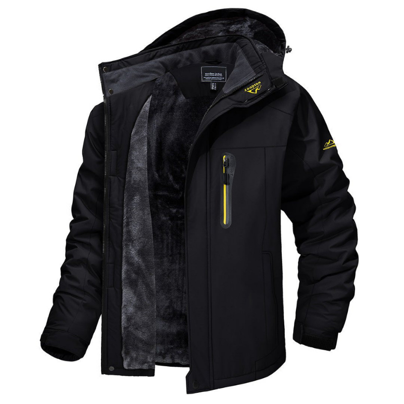 Veste d'hiver noire pour homme avec capuche, doublure en polaire, fermeture éclair jaune, idéale pour le ski et les activités extérieures par temps froid.