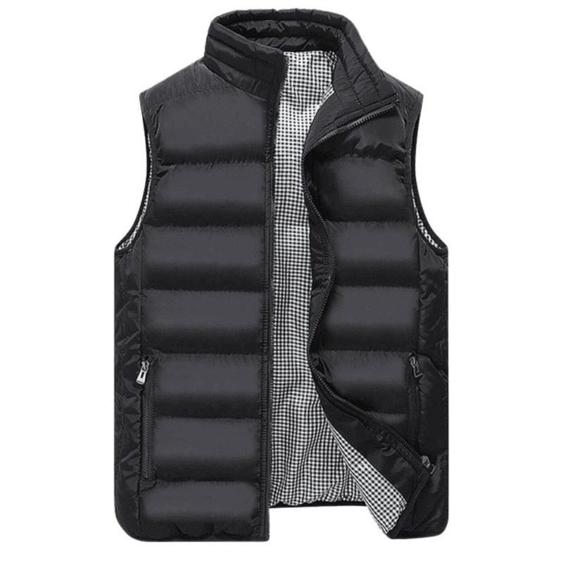 Gilet sans manches noir matelassé pour homme, doublure intérieure à carreaux, fermeture éclair, style décontracté, mode automne-hiver.