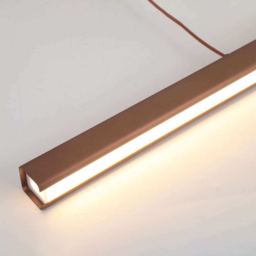 Lampe LED linéaire moderne en métal bronze, éclairage intérieur élégant, design minimaliste, idéale pour bureau ou salon, éclairage écoénergétique.