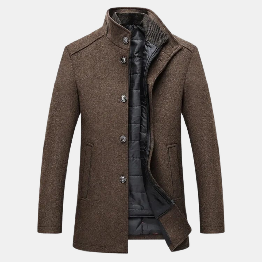 Manteau homme marron en laine, col montant, doublure matelassée, boutons noirs, style élégant et chaud, idéal pour l'hiver et l'automne.