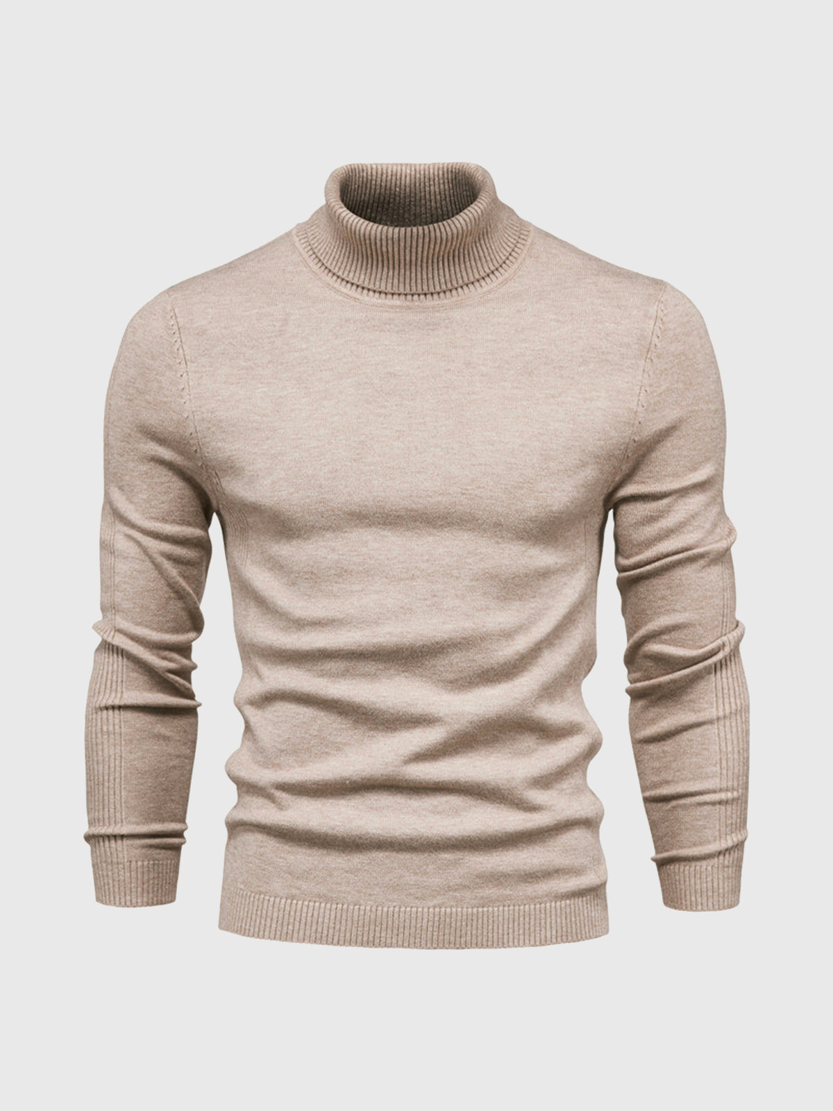 Pull col roulé beige pour homme, manches longues, tricoté, style élégant et moderne, idéal pour l'automne et l'hiver. Mode masculine tendance.