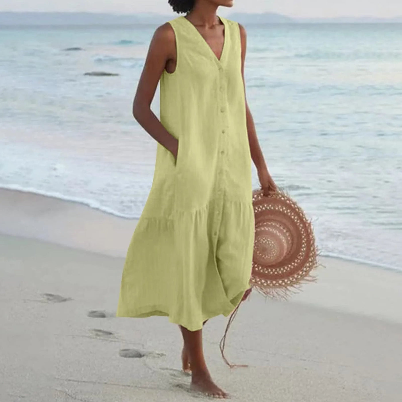 Robe élégante en lin à col en V – Elara