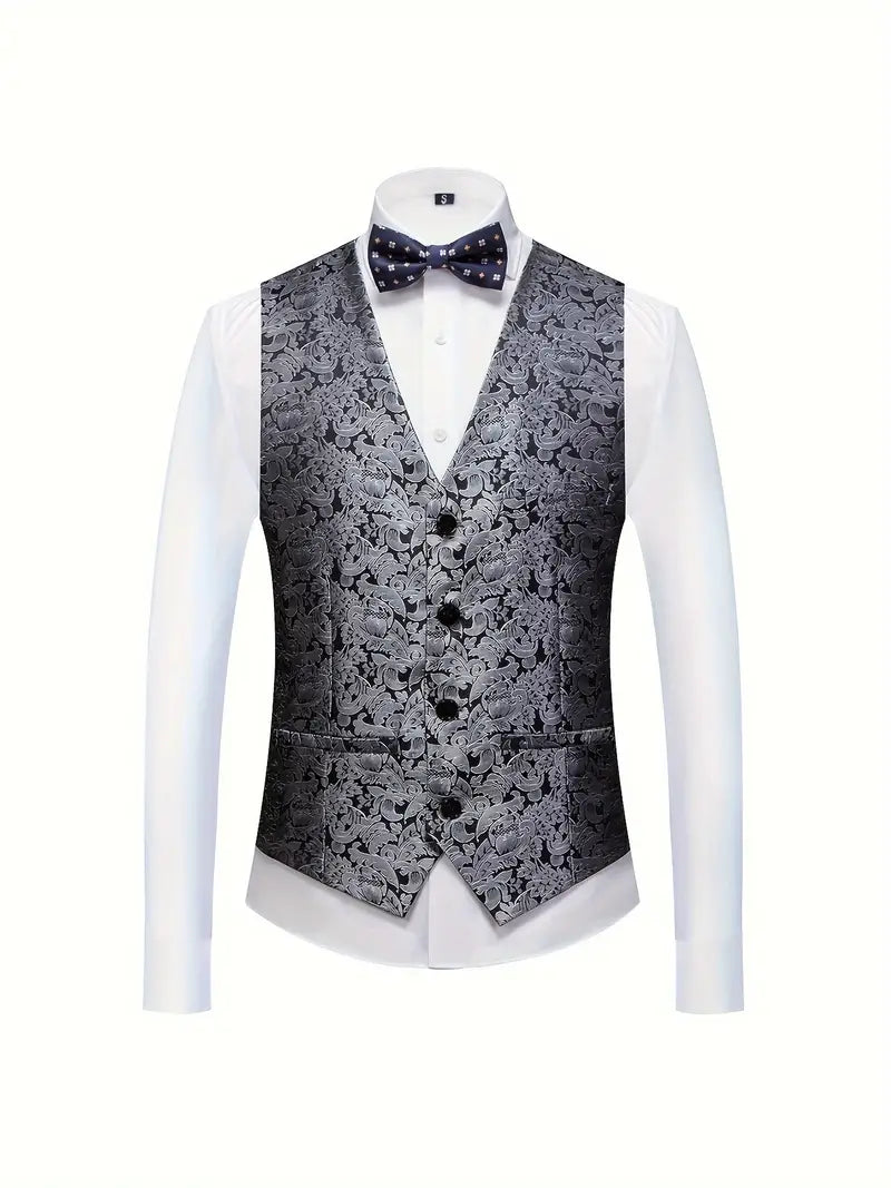 Gilet homme élégant en tissu jacquard noir et blanc, avec chemise blanche et nœud papillon à pois. Mode masculine, tenue de soirée chic.