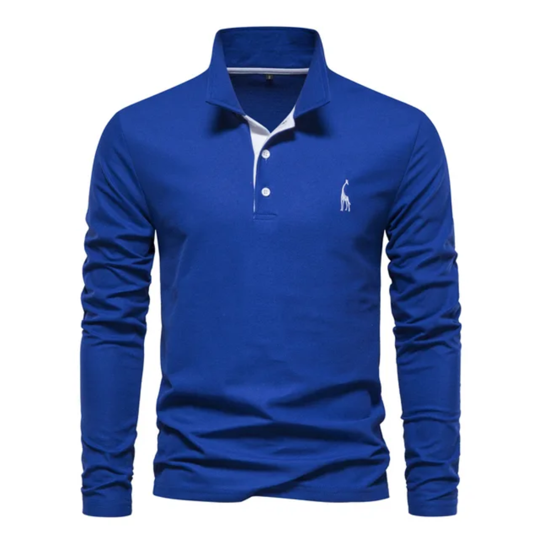 Polo bleu à manches longues pour homme, col boutonné, logo brodé, style décontracté élégant, idéal pour mode masculine et vêtements tendance.