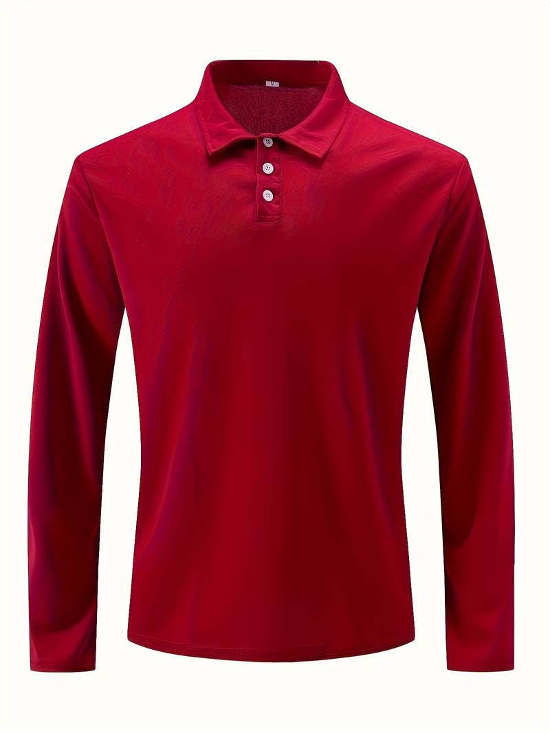 Polo rouge à manches longues pour homme, col boutonné, tissu respirant, idéal pour le sport et les loisirs. Mode masculine élégante et confortable.